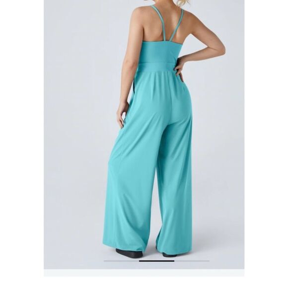 Halara Jumper Aqua Splash Blue Silky Wide-Leg Jumpsuit Women's L - Picture 4 of 4